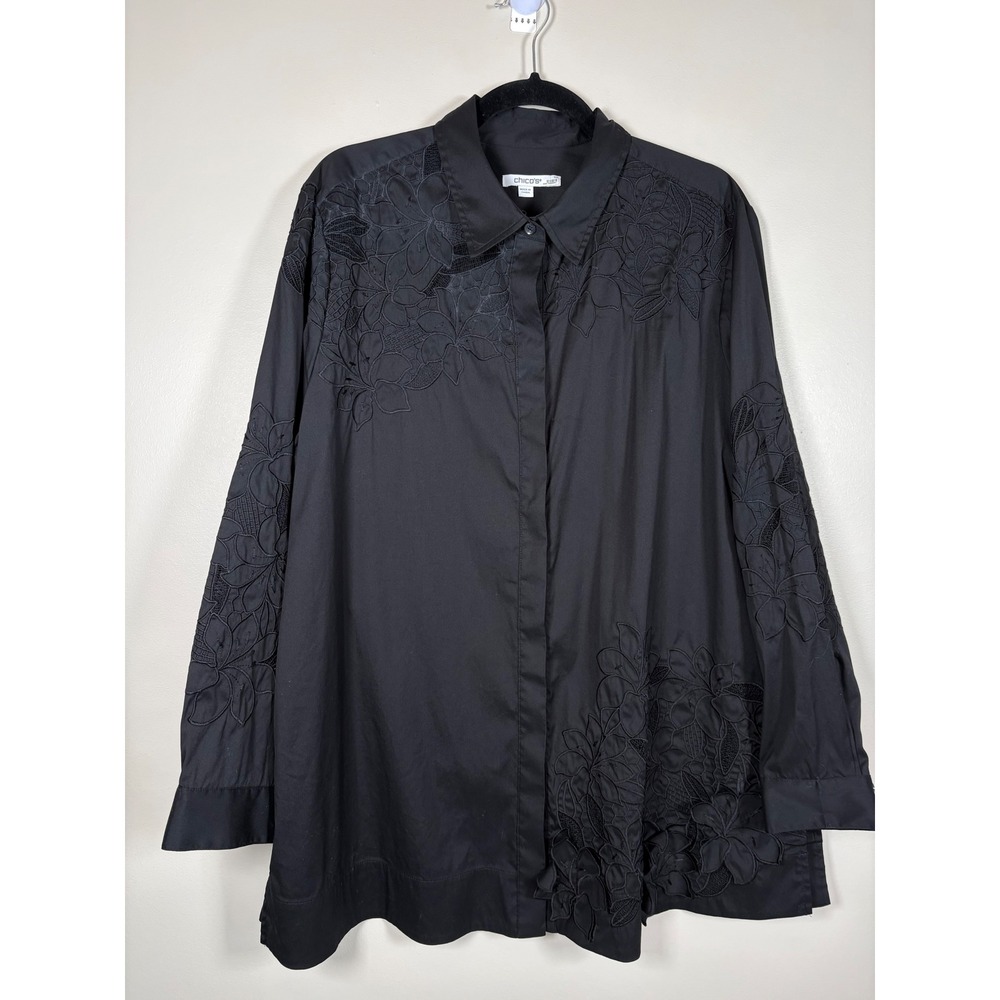 Chicos Black Poplin Floral Embroidered Lace Button‎ Front Blouse Top Size 3 XL